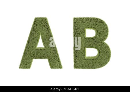 3D-Rendering, Vorderansicht von Grüngrasbuchstaben in Großbuchstaben, Naturschriftart für Ihr Design, isoliert auf weißem Hintergrund. Stockfoto