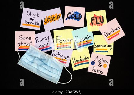Symptome von COVID-19, häufiger Erkältung und Grippe auf farbigen Haftnotizen auf schwarzem Hintergrund. Pandemieschutzkonzept. Stockfoto