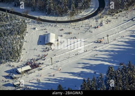 Skilifte des Skigebietes Winterberg, 02.02.2014, Luftbild, Deutschland, Nordrhein-Westfalen, Sauerland, Winterberg Stockfoto