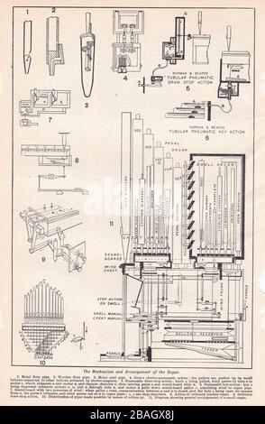 Vintage-Diagramme des Mechanismus und der Anordnung der Orgel 1900s. Stockfoto