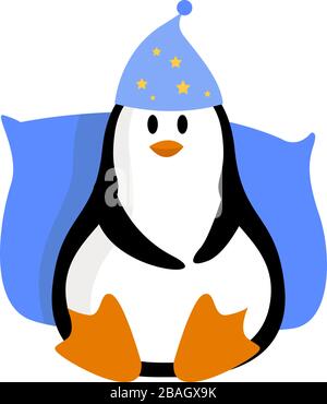 Penguin mit schläfriger Mütze, Illustration, Vektor auf weißem Hintergrund Stock Vektor