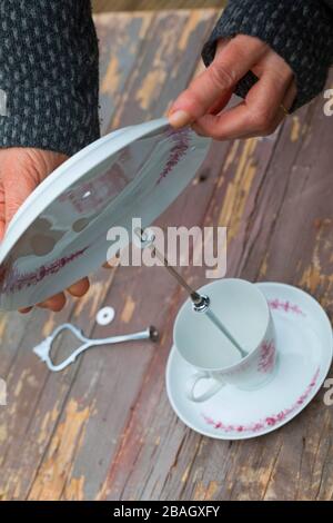 Birdhouse wird mit einem alten Kaffeeset hergestellt, Serienbild 5/6, Deutschland Stockfoto