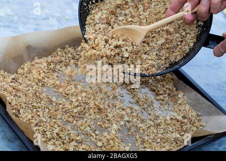 Vogelsamen mit Müsli und Öl machen, Serienbild 3/4 Stockfoto