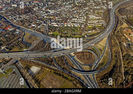 , Autobahnkreuz Duisburg Nord der A42 und A59, 12.03.2015, Luftbild, Deutschland, Nordrhein-Westfalen, Ruhrgebiet, Duisburg Stockfoto