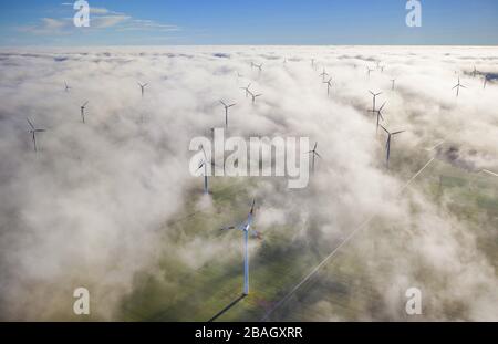 , Windturbinen aus einer Nebelschicht, 11.12.2013, Luftbild, Deutschland, Nordrhein-Westfalen, Bad Wuennenberg Stockfoto