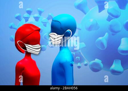 Personen mit medizinischen Schutzmasken. 3D-Renderdarstellung. Stockfoto