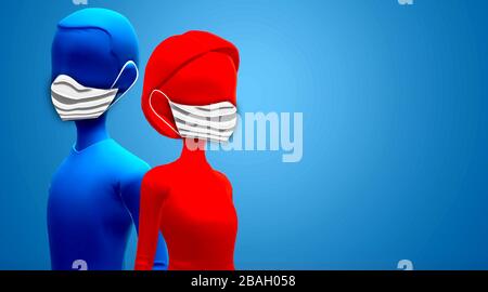 Personen mit medizinischen Schutzmasken. 3D-Renderdarstellung. Stockfoto