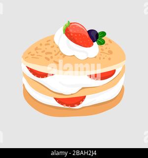 Pfannkuchen mit Sahne und Beeren, süße Dessertisolation auf grauem Hintergrund. Editierbar mit Ebenenvektor-Illustration. Stock Vektor