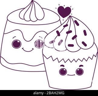 Süße Küche Cupcake und Jelly süße Dessertgebäck Cartoon Vector Illustration isoliertes Design Line Style Stock Vektor