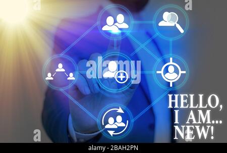 Schreiben Hinweis angezeigt Hallo ich bin neu. Business Konzept für Grußansagen oder Telefon Gespräch beginnen Stockfoto