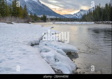 Eis am Ufer des Bow River bei Canmore, Alberta, Kanada Stockfoto