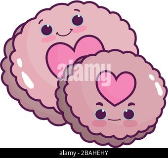 Niedliche Essenskekse mit Herzen lieben süßes Dessert kawaii Cartoon Vector Illustration isoliertes Design Stock Vektor