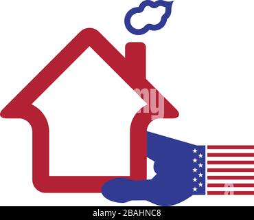 USA Immobilienfirma Emblem Idee. Die gestreifte Hand hält ein Heimschild mit Rauchschornstein. Amerikanische Flaggenfarben. Vektorgrafiken. Stock Vektor