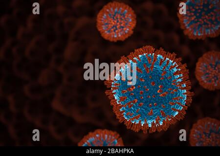 Coronaviruszelle im menschlichen Körper. COVID-19-Zelle in Mikroskopansicht. Realistisches 3D-Rendering. Virensimulationsmodell bei Atemwegsinfektionen. Schleichgang Stockfoto