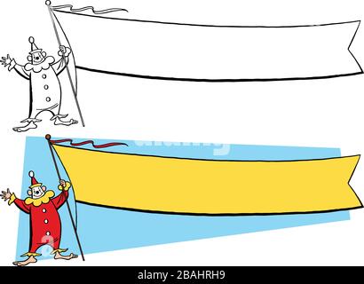 Ein Cartoon eines Zirkusclowns, der ein großes leeres Bannerzeichen aufhält. Stock Vektor