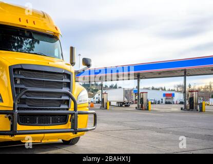 Großer gelber Langstrecken-Diesel-Sattelschlepper mit Gitterschutz, der in Reihe mit weiteren Sattelzugwagen und Sattelaufliegern auf Lkw-Stop-Parki steht Stockfoto