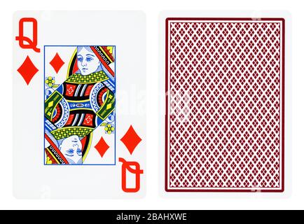 Königin der Diamanten Spielkarte isoliert auf weiß Stockfoto