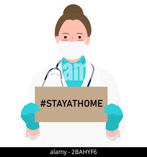 Covid-19 Coronavirus Quarantäne-Kampagne für den Aufenthalt im Flat Design zu Hause. Cartoon-Figur mit medizinischer Gesichtsmaske hält Aufenthalt zu Hause Illustration von Stock Vektor