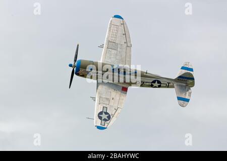 AM 19. SEPTEMBER 2015 rollt EVERETT, WA: A Republic P-47 im Flug nach links, um den Zuschauern einen Blick auf seine schlanken Linien zu ermöglichen. Stockfoto