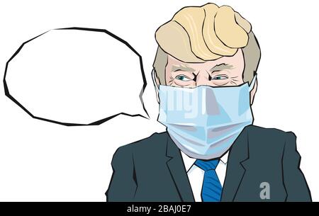 Cartoon Portrait des Präsidenten in der medizinischen Maske sagt etwas Stock Vektor