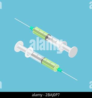 Symbol für flache, isometrische Spritzenspritze aus 3D-Kunststoff in einem anderen Winkel. Konzept für das Gesundheitswesen und die Medizin. Stock Vektor