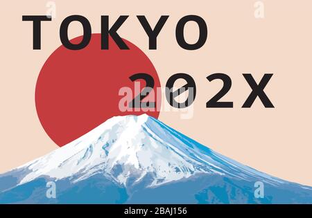 Text von Tokio und 202X mit roter Sonne und Berg im Hintergrund Stock Vektor