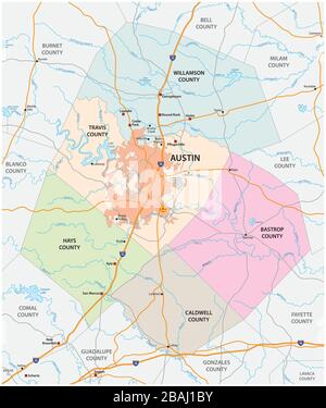 Straßen- und Verwaltungsvektorkarte von Greater Austin, Texas, Vereinigte Staaten Stock Vektor