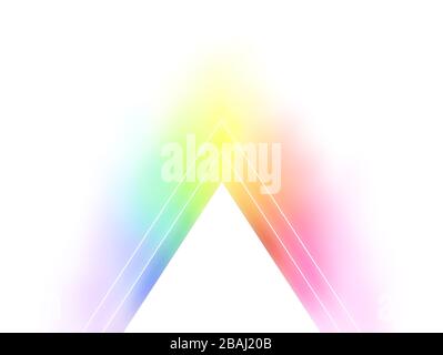 Weiße Dreiecke auf einem farbenfrohen, regenbogenfarbenen Hintergrund. Abstrakte moderne Illustration für Business, Poster, Website, Vorlage oder Präsentation. Stockfoto