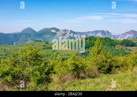 Schluchten und Berge der rumänischen Landschaft. Schöne ländliche Landschaft von valea Manastirii im Alba-Land. Wunderbares sonniges Wetter im Frühling. Stockfoto