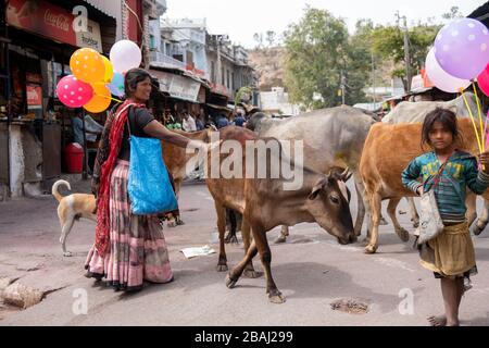 Eklingji, Indien - 15. März 2020: Szene im Straßenleben im ländlichen Indien, mit Kindern, die Luftballons, Bettler, Kühe herumlaufen und Markthändler verkaufen Stockfoto