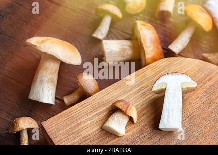 Pilzboletus über Holzhintergrund. CEP-Pilze im Herbst schließen sich an. Stockfoto