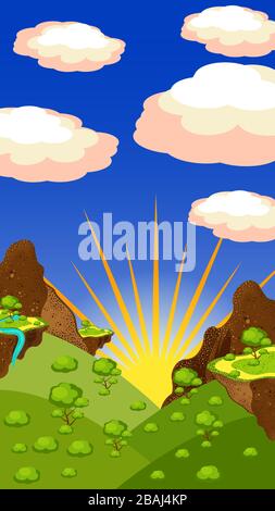 Landschaft, Berge und Schlucht, Felsen, Wiesen, Pflanzen. Abendzeit, Sonnenuntergang, Himmel mit Sonne, Wolken. Vektorgrafik Stock Vektor