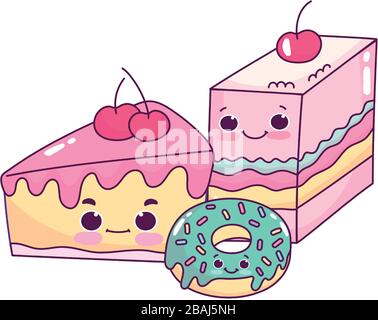 Süßes Essen Gelee Kuchen und Donut süße Dessert Gebäck Cartoon Vektor Illustration isoliertes Design Stock Vektor