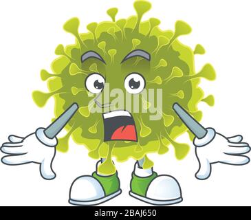 Ein Maskottchendesign des globalen Coronavirus-Ausbruchs, der eine überraschende Geste macht Stock Vektor