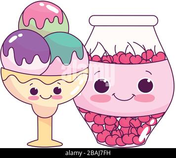 Süßes Speiseeis Schaufeln und Glas mit Kirschen süßen Dessertgebäck Cartoon Vektor Illustration isoliertes Design Stock Vektor