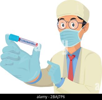 Cartoon-Arzt in medizinischer Maske mit positivem Bluttestergebnis für das neue, sich schnell ausbreitende Coronavirus Stock Vektor