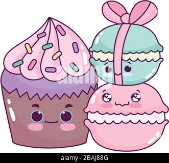 Süßes Essen Cupcake und Makronen süßes Dessertgebäck Cartoon Vector Illustration isoliertes Design Stock Vektor