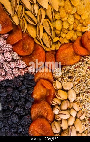 Verschiedene Nüsse und Trockenfrüchte, Aprikosen, Rosinen, Sesam in runder Form auf Betongrund, Zink, Eisen, Magnesium, Mangan, phosphorreiche Lebensmittel Stockfoto