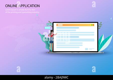 Online-Bewerbungskonzept, junge Frau bewirbt sich im Internet, indem sie Laptop verwendet, um einen Kurs für die Bewerbung in der Hochschule und/oder in der Bewerbung zu finden Stock Vektor
