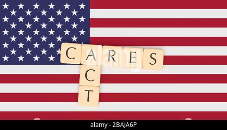 Coronavirus Aid, Relief and Economic Security Act: Brief Tiles CARES Act on US Flag, 3d Illustration Stockfoto