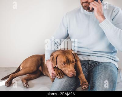 Gutaussehender Mann und ein bezaubernder Welpe. Nahaufnahme Stockfoto