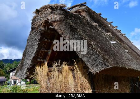 Shirakawa, Japan-Oktober 2019: Nahaufnahme eines Abschnitts des Reetdaches auf einem der traditionellen Häuser des Dorfes Shirakawa Stockfoto