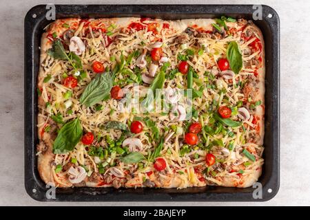 Frische rohe Pizza mit Pilzen, Kirschtomaten, Basil und Parmesan auf einer rechteckigen Pfanne auf weißem Grund. Hausgemachte Pizza vor dem Backen Stockfoto