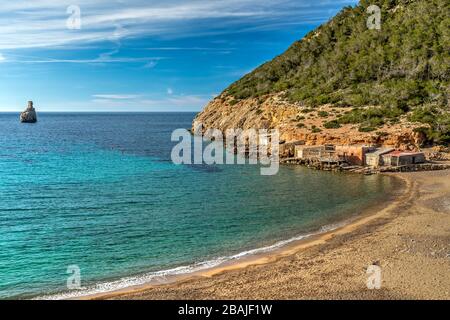 Cala Benirras Strand, Port de Sant Miquel, Ibiza, Balearen, Spanien Stockfoto