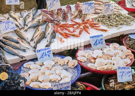 Fisch, Meeresfrüchte und Muscheln auf einem Markt in Neapel zu verkaufen Stockfoto