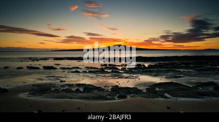 Sonnenaufgang über Rangitoto Island, Auckland, Neuseeland Stockfoto