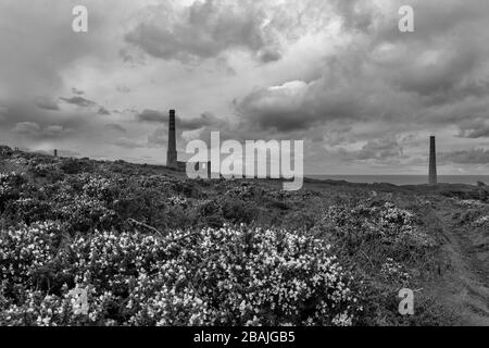 Levant Mine, UNESCO-Weltkulturerbe, Penwith Peninsula, Cornwall, Großbritannien. Schwarzweiß-Version Stockfoto