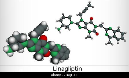 Linagliptin, C25H28N8O2-Molekül. Es handelt sich um DPP-4-Hemmer, der zur Behandlung von Typ-II-Diabetes verwendet wird. Molekularmodell. 3D-Rendering. Abbildung Stockfoto