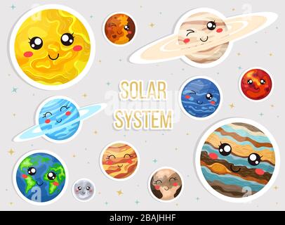 Sonnensystem mit niedlichen Cartoon-Planeten. Niedliche Planeten mit lustigen Gesichtern Aufkleber Set. Vecrtor Illustration für jedes Design. Stock Vektor