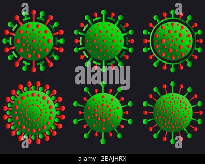 Coronavirus-Krankheit COVID-19 Symbole gesetzt. Viruszelle isoliert auf schwarzem Hintergrund. 2019-nCoV, Atemwegssyndrom im mittleren Osten. Chinesisches Virus. Vektor il Stock Vektor